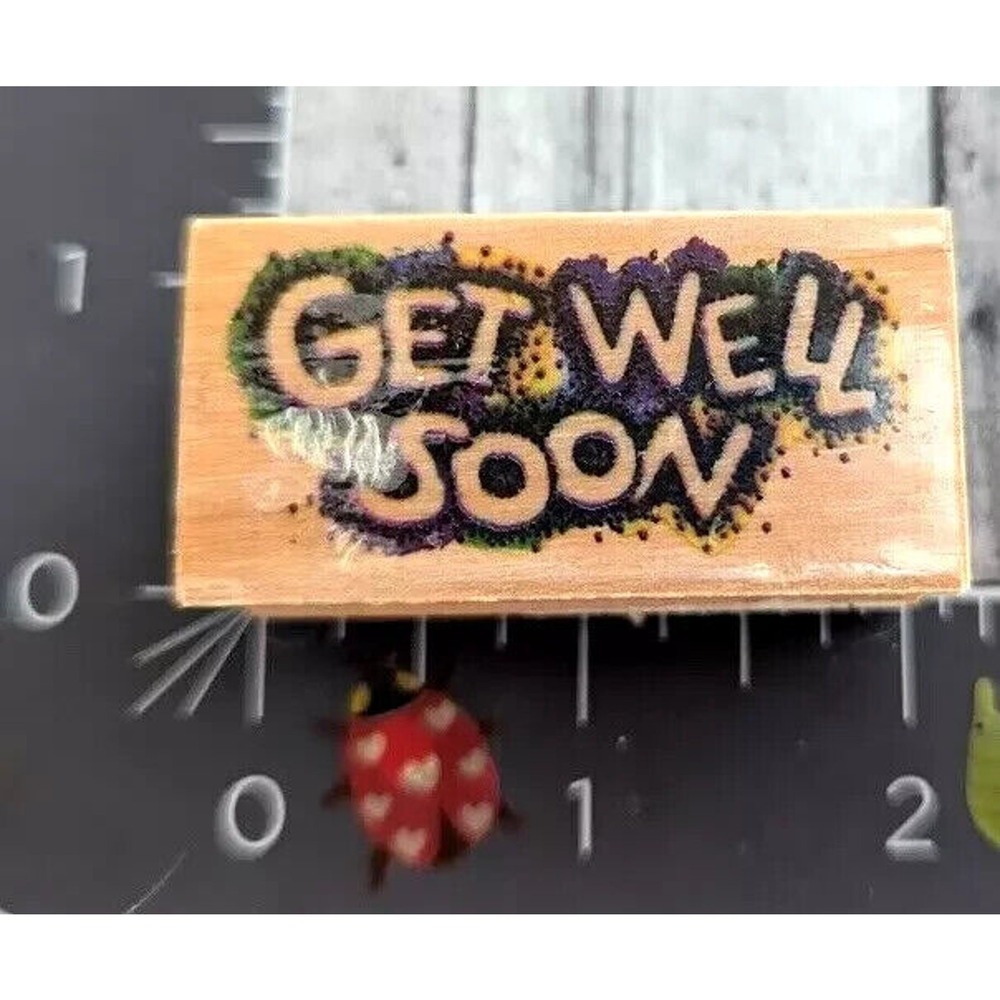 Get Well Soon Outlined Fuzzy Letters Rubber Stamp Wood #D97